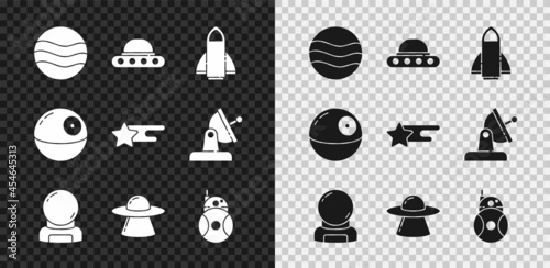 Set Planet, UFO flying spaceship, Rocket, Astronaut helmet, Robot, Death star and Falling icon. Vector