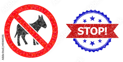 Lowpoly stop donkey polygonal 2d illustration, and grunge bicolor rosette seal stamp, in red and blue colors. Collage stop donkey formed from randomized colored triangles.