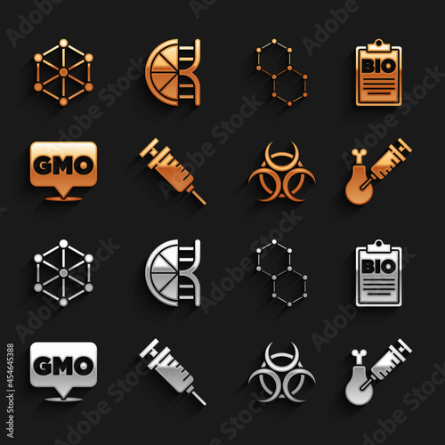 Set Syringe, Document for bio healthy food, Gmo research chicken, Biohazard symbol, GMO, Chemical formula, and Genetically modified orange icon. Vector