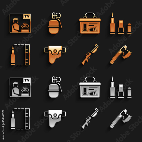 Set Gun in holster, Bullet, Wooden axe, Hunting gun, Military ammunition box, Advertising weapon and Hand grenade icon. Vector