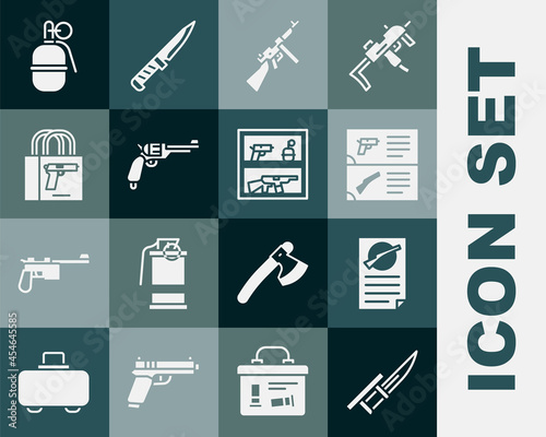 Set Bayonet on rifle, Firearms license certificate, Weapon catalog, Tommy gun, Revolver, Buying pistol, Hand grenade and Hunting shop weapon icon. Vector