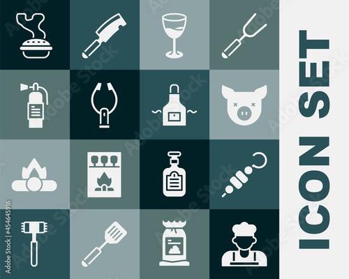Set Cook, Grilled shish kebab, Pig, Wine glass, Meat tongs, Fire extinguisher, Homemade pie and Kitchen apron icon. Vector