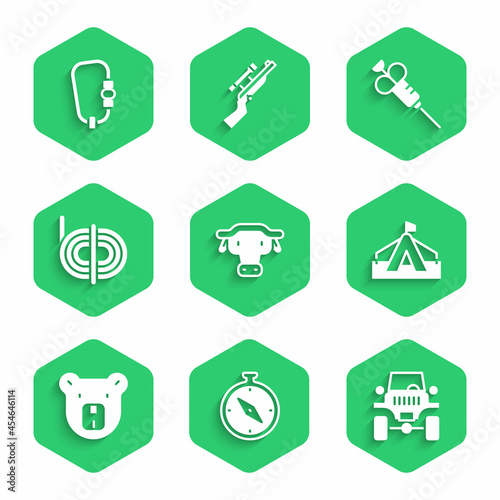 Set African buffalo head, Compass, Off road car, Tourist tent, Bear, Climber rope, Syringe and Carabiner icon. Vector