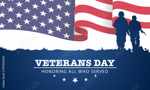 Veteran's day poster.Honoring all who served. Veteran's day illustration with american flag and soldiers