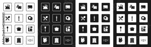 Set Toaster, Blender, Crossed fork and spoon, Kettle with handle, Chef hat in speech bubble, Kitchen meat grinder, Electric mixer and Spoon icon. Vector