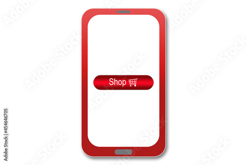 illustration of a smartphone with a buy now button in red, on white background