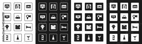 Set Five stars rating review, Suitcase, Smart Tv, Hair dryer, Lift, Hotel room bed and icon. Vector