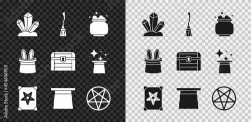 Set Magic stone, Witches broom, cauldron, Ancient magic book, hat, Pentagram in circle, Magician and rabbit ears and Antique treasure chest icon. Vector