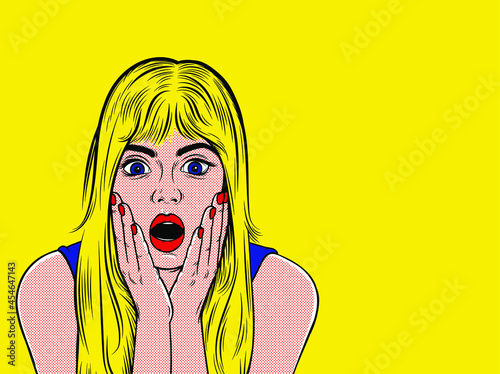 Pop art woman in Lichtenstein's artworks style. Retro comic woman face close up on red background. Close-up of female face pop art in vector illustration.
