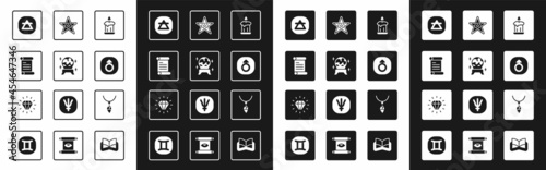 Set Burning candle, Magic ball, Decree, parchment, scroll, Air element, Mars, Pentagram, Necklace with crystal and Diamond icon. Vector