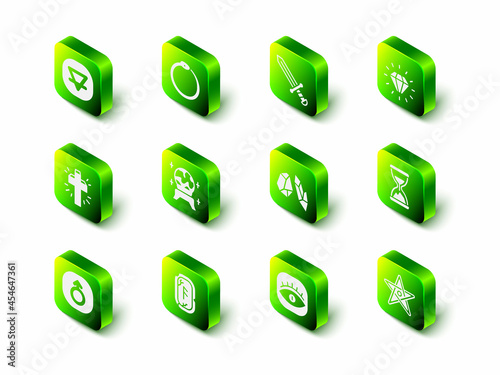 Set Ouroboros, Medieval sword, Diamond, Old hourglass with sand, Pentagram, Magic stone, Masons and runes icon. Vector