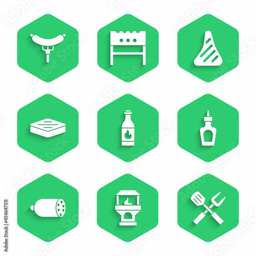 Set Tabasco sauce, Brick stove, Crossed fork and spatula, Sauce bottle, Salami sausage, Steak meat, and Sausage on the icon. Vector