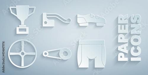 Set Bicycle chain with gear, shoes, wheel, Cycling shorts, brake and Award cup bicycle icon. Vector