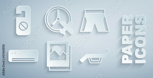 Set Photo, Short or pants, Air conditioner, Sunbed and umbrella, Clock with airplane and Please do not disturb icon. Vector