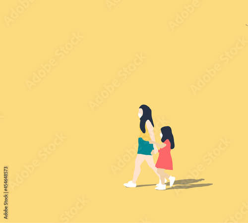 Mother and daughter walking together. Mom spends time with her kid in nature, cute cartoon characters. Vector illustration