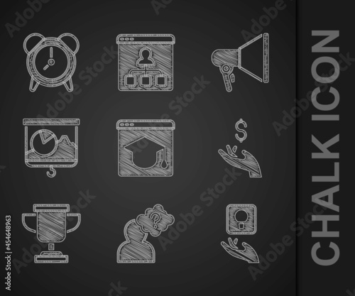 Set Online education, Head with question mark, Light bulb, Hand holding coin money, Award cup, Chalkboard chart, Megaphone and Alarm clock icon. Vector