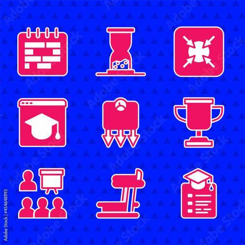 Set Weight loss, Treadmill machine, Online education, Award cup, Training, presentation, Target and Calendar icon. Vector