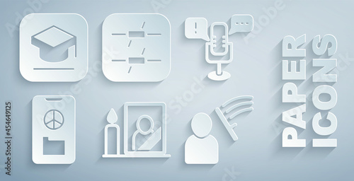 Set Mourning photo frame, Freedom of speech, Peace, Police beat human, Barbed wire and Graduation cap icon. Vector