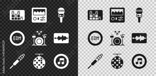 Set Music equalizer, Drum machine, Microphone, Audio jack, Disco ball, note, tone, EDM electronic dance music and Drums icon. Vector