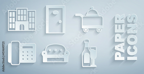 Set Sofa, Covered with tray food, Telephone handset, Champagne bottle glass, Hotel door and building icon. Vector