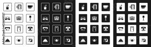 Set Coffee cup, Hotel building, room bed, Bottle champagne, Table lamp, Lift, Telephone handset and Credit card icon. Vector