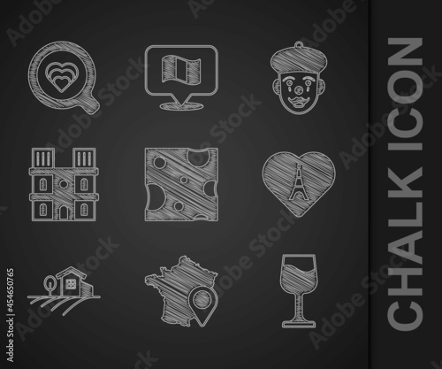 Set Cheese, Map of France, Wine glass, Eiffel tower with heart, Village landscape, Notre Dame de Paris, French mime and Coffee cup icon. Vector