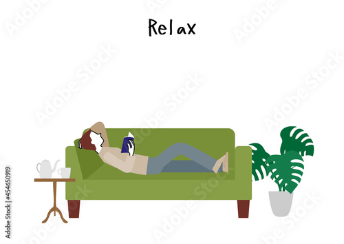 Illustration of a person lying on the sofa and relaxing (white background, vector, cut out)