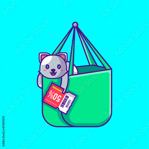 Cute Cat in Shopping Bag holding Discount Coupon Cartoon Illustration. Animal and Flash sale Flat cartoon Style Concept