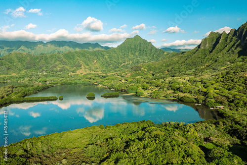 Aerial view of the ancient Moli i fishponds with reflections of the Koolau mountains in the ponds. The ponds are located near Kaneohe  on the island of Oahu  Hawaii  USA.