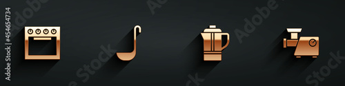 Set Oven, Kitchen ladle, Teapot and meat grinder icon with long shadow. Vector