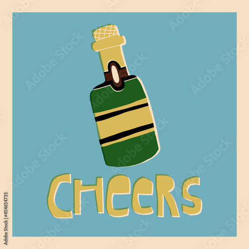 Champagne bottle and hand lettering Cheers. Retro Christmas, New Year, Birthday greeting card.