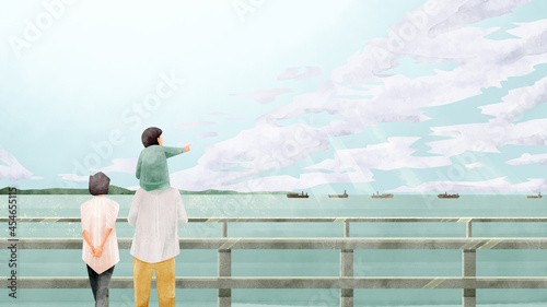 船と海の風景手描き水彩風イラスト