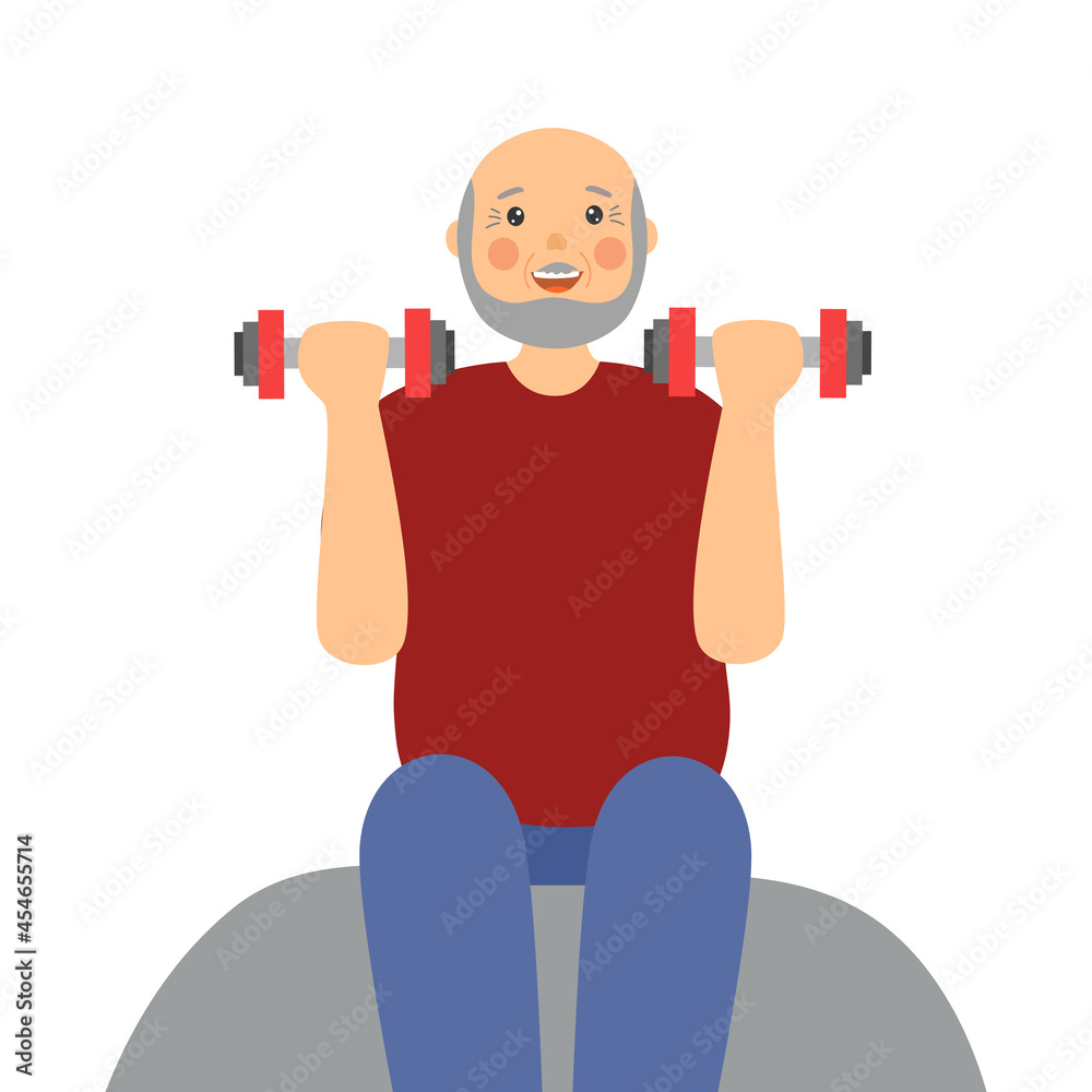 Senior man doing exercise with dumbbells in flat design on white background. Muscular fitness for good health. Senior man doing exercise with dumbbells in flat design on white background. Muscular fitness for good health.