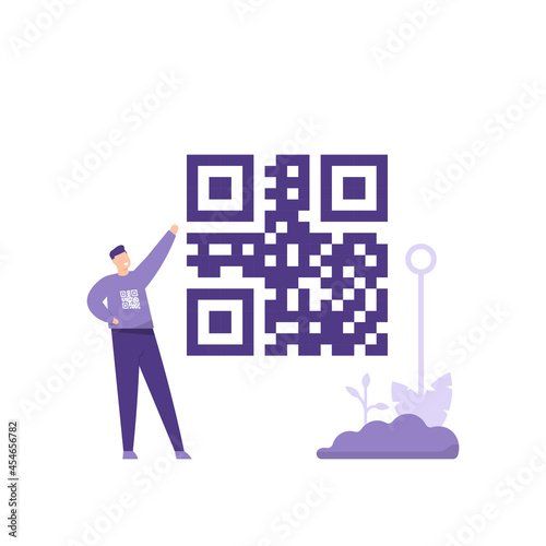 illustration of a person standing next to a QR code. the concept of scanning QR code, identification. payment media and information. flat cartoon design. vector design