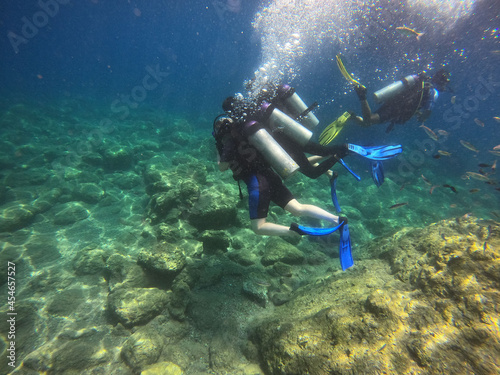 Tourists scuba dive Mediterranian Sea. Marmaris,Turkey.