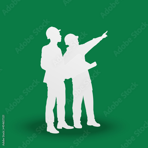 Engineer and worker man cut out of paper on green background, Paper cut style. Vector illustration
