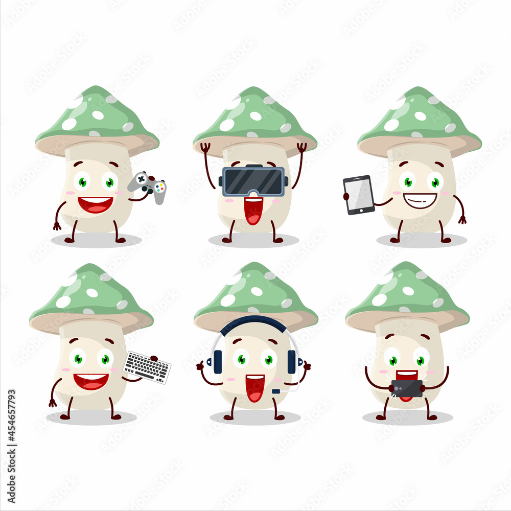 Green amanita cartoon character are playing games with various cute emoticons