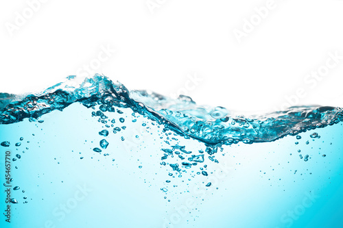Water Wave. Blue Water Splash with Bubbles Float up on white background