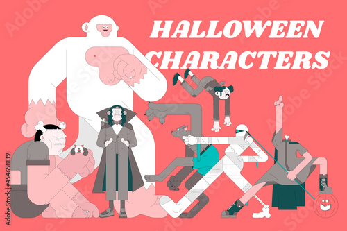 Halloween characters on red background vector