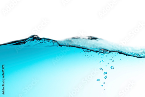 Water Wave. Blue Water Splash with Bubbles Float up on white background