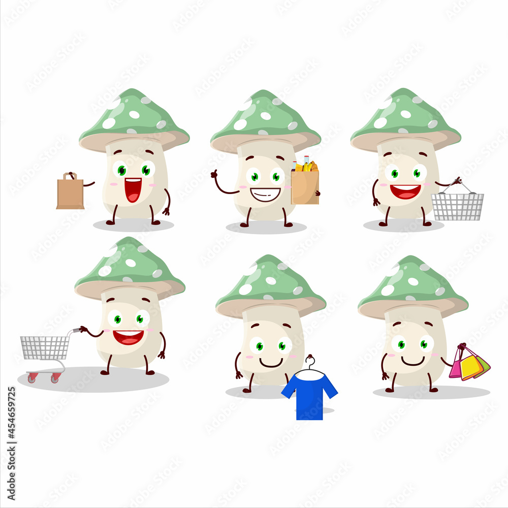 A Rich green amanita mascot design style going shopping