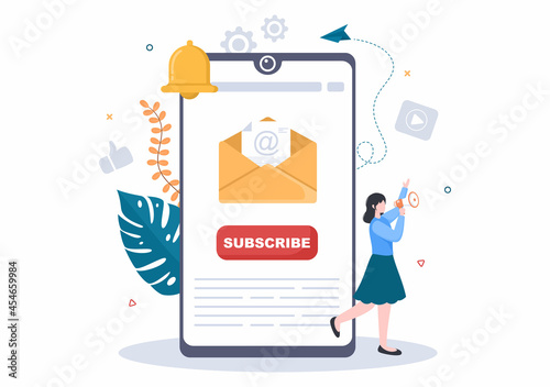 Subscribe Icon Button And Envelope Background Vector Illustration. Online Newsletter With Mailbox or Submit for Youtube, Blogging, Promotion. Social Media Post