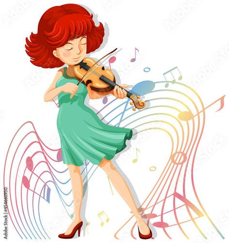 A woman playing violin with melody symbols on white background