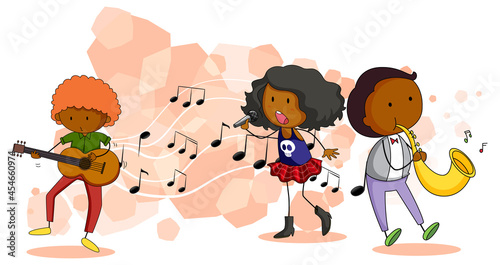 Doodle cartoon character of singer and musician with musical melody symbols