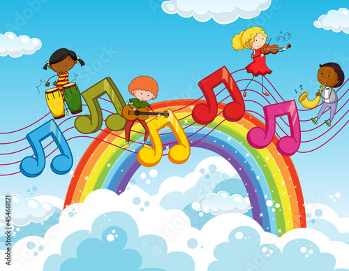 Happy kids with music melody symbols in the sky with rainbow