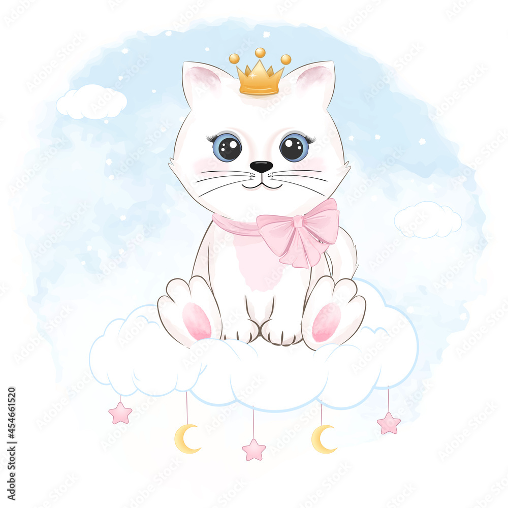 Cute little cat sitting on the cloud blue watercolor background Cute little cat sitting on the cloud blue watercolor background