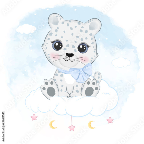 Cute little snow leopard sitting on the cloud arctic animal watercolor background