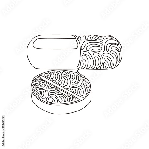Single continuous line drawing medical pill and tablet icon. Medicine pills or tablets, capsules. Drugs and pills symbol. Swirl curl style. Dynamic one line draw graphic design vector illustration