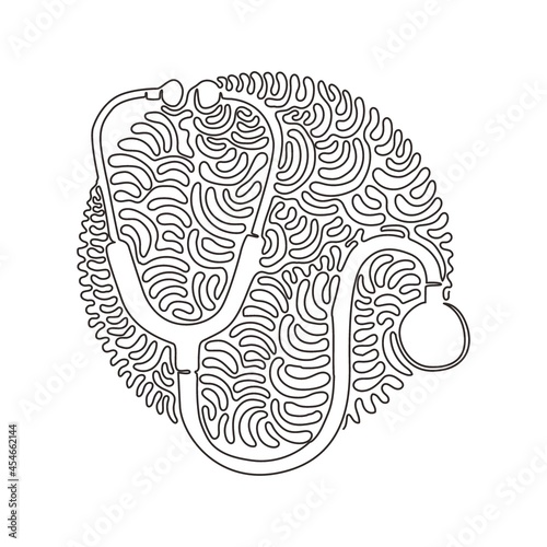 Single one line drawing Stethoscope icon, diagnostic symbol. Doctor item, hospital pictogram, symbol medicine. Swirl curl circle background style. Modern continuous line draw design graphic vector