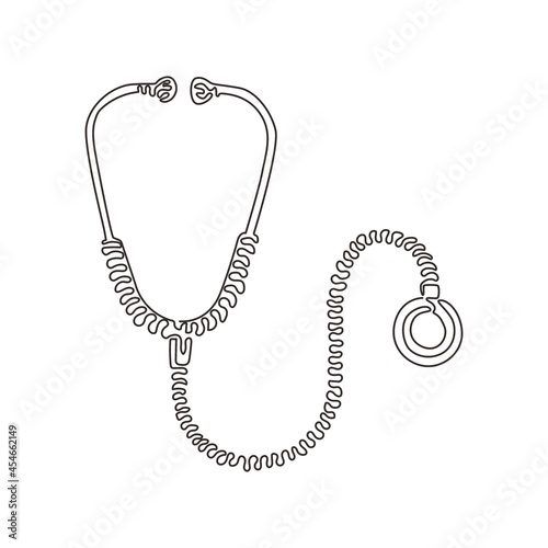 Single continuous line drawing medical icon stethoscope, diagnostic symbol. Doctor item, hospital pictogram, symbol medicine. Swirl curl style. Dynamic one line draw graphic design vector illustration